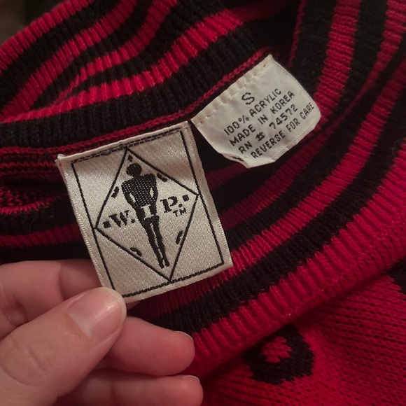 Vintage 90s Red Black Polka Dot Acrylic Sweater small clown funky bold - Picture 4 of 9